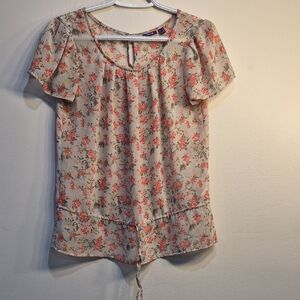 Mexx Beige Short Sleeve Floral Tie-Hem Blouse with Coral Print